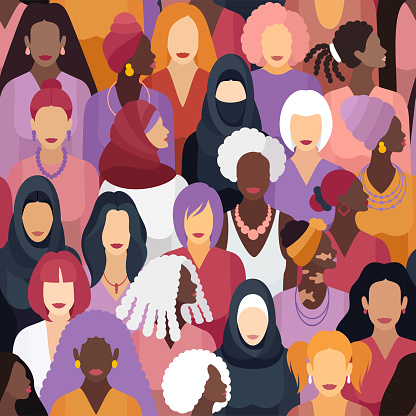 Empowerment Unites. Celebrate International Women’s Day with our banner featuring a diverse group of strong, multiracial women. Seamless Pattern.