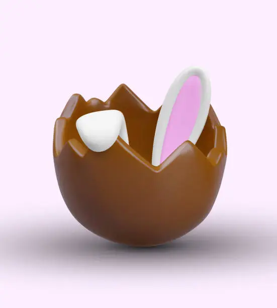 Vector illustration of Rabbit ears stick out of half chocolate egg. Find Easter Bunny. Cute vector concept in children