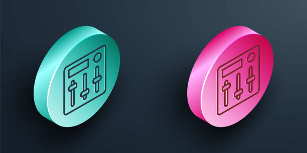 isometric line sound mixer controller icon isolated on black background. dj equipment slider buttons. mixing console. turquoise and pink circle button. vector - record television broadcasting circle three dimensional shape点のイラスト素材／クリップアート素材／マンガ素材／アイコン素材