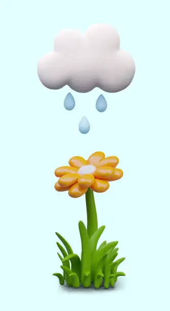 Vector illustration of Vertical natural concept. Rain drips on flower. Realistic vector illustration in cartoon style