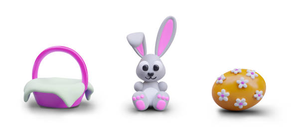 istock Pink basket covered with white napkin, funny rabbit, egg decorated with flowers 2060272887