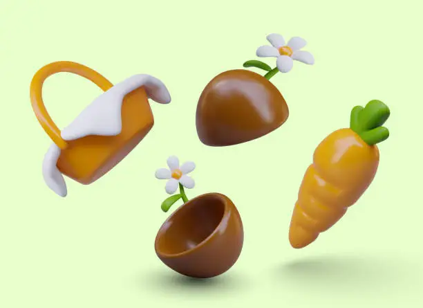 Vector illustration of Easter basket, chocolate egg halves, daisies, carrots. Floating vector 3D objects