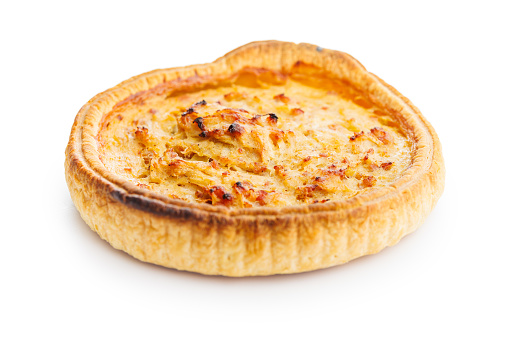 Traditional french pie. Quiche lorraine isolated on the white background.