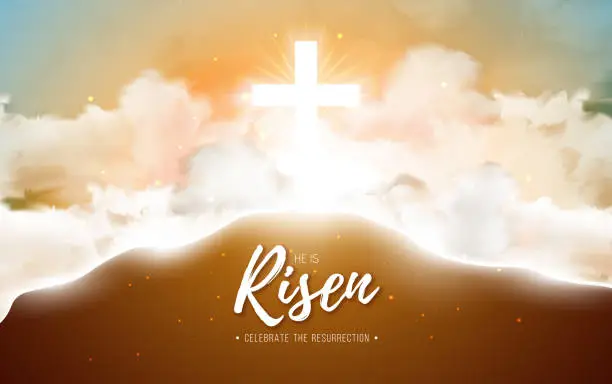 Vector illustration of Easter Holiday Illustration with Cloud on Sunny Sky Background. He is Risen. Vector Christian Religious Design for Resurrection Celebrate Theme Poster Template for Banner, Invitation or Greeting Card.