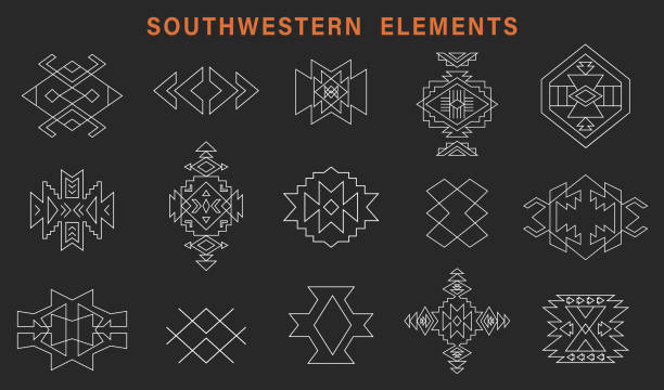 ilustraciones, imágenes clip art, dibujos animados e iconos de stock de outline tribal southwestern shapes. aztec element navajo decorative elements symbols collection. - southwest usa frame mexican culture pattern