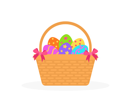 Easter Basket With Colorful Easter Eggs And Pink Ribbons On White Background