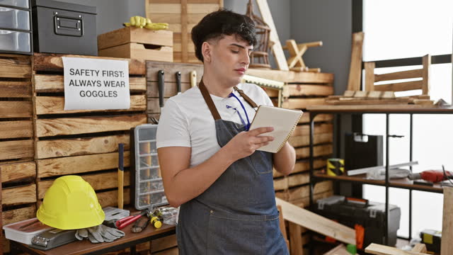 Young man in a workshop taking notes on a notepad, surrounded by carpentry tools with safety gear in sight.