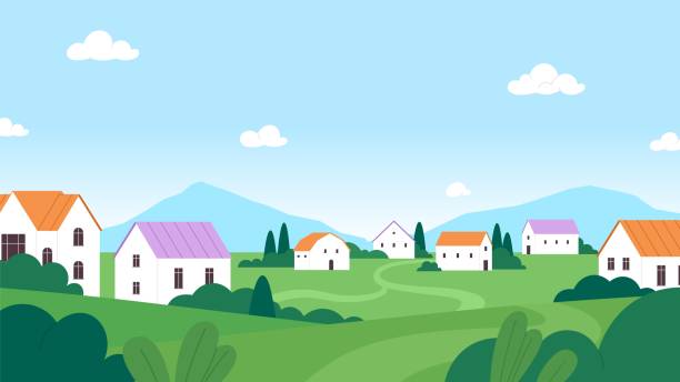 Mountain valley landscape. Mountains village, green hills and houses, different tree. Summer day on nature, cartoon neighborhood vector scene of landscape, village hill outdoor, illustration
