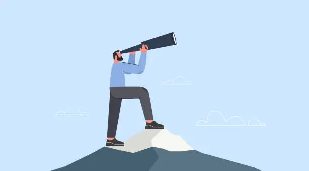 Vector illustration of Business vision concept. Search for opportunity. Businessman on top on the mountain with telescope. Vector flat illustration.