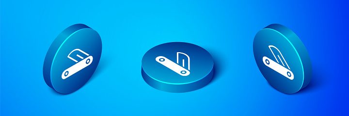 Isometric Swiss army knife icon isolated on blue background. Multi-tool, multipurpose penknife. Multifunctional tool. Blue circle button. Vector.