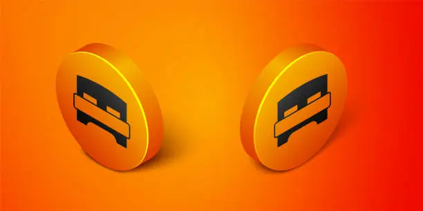 Vector illustration of Isometric Big bed for two or one person icon isolated on orange background. Orange circle button. Vector
