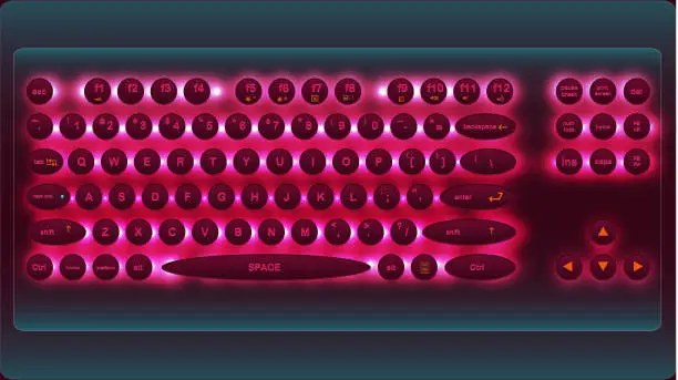 Vector illustration of Realistic image of a computer or laptop keyboard. Background image in dark red maroon color. Glowing circle buttons.