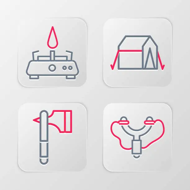 Vector illustration of Set line Slingshot, Wooden axe, Tourist tent and Camping gas stove icon. Vector