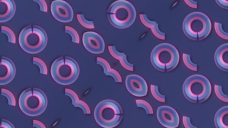 An eye-catching blue background with a pattern of pink and purple moving circles. Digital seamless loop animation. 3d rendering 4K