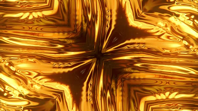 Luxurious wavy symmetrical pattern of gold foil flowing in the breeze with retro geometric pattern. Digital loop animation background. 3d rendering 4K