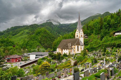 Eisenkappel-Vellach Filialkirche Maria Dorn church in Carinthia, Austria during a cloudy and rainy springtime day in the alps.