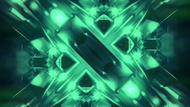 Mesmerizing fractal kaleidoscopic patterns of green crystals create a harmonious dance of light. 3d rendering digital animation 4K