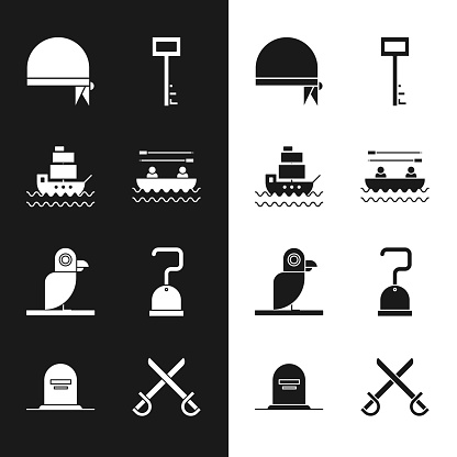 Set Boat with oars Ship Pirate bandana for head key parrot hook Crossed pirate swords and Tombstone RIP written icon. Vector.