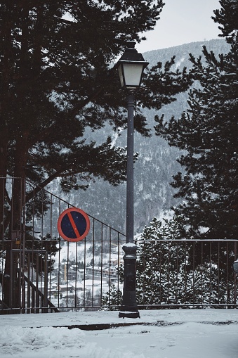 Lonely lantern on a snowy day in Andorra on November 27, 2021