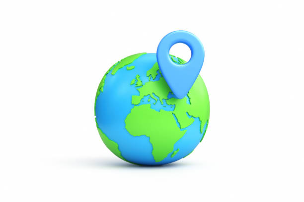 3d rendering Cartoon planet Earth with blue pointer on isolated white background stock photo, Clipping path.