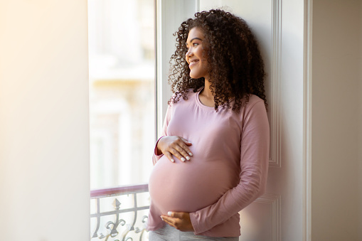 Radiant black pregnant woman gently cradling her belly while standing by window at home, beautiful african american expectant mother gazing outward thoughtfully, enjoying pregnancy time, copy space