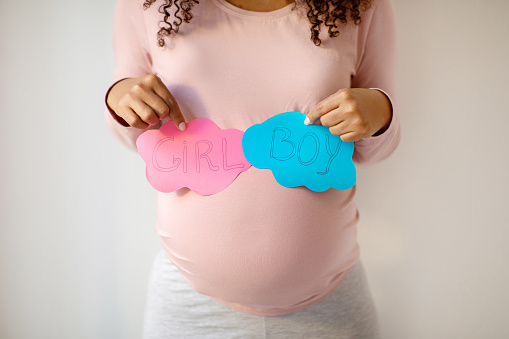 Expectant young black mother holding pink and blue paper clouds with 'GIRL' and 'BOY' written, unrecognizable african american lady signifying gender reveal, standing against white wall at home