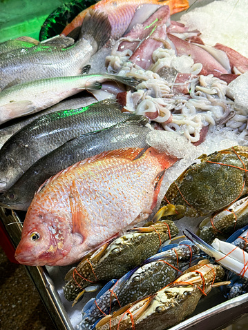 Stock photo showing close-up, elevated view of a display of seafood with whole freshly caught fish and crustaceans displayed in rows on crushed ice at a fish market fishmongers.