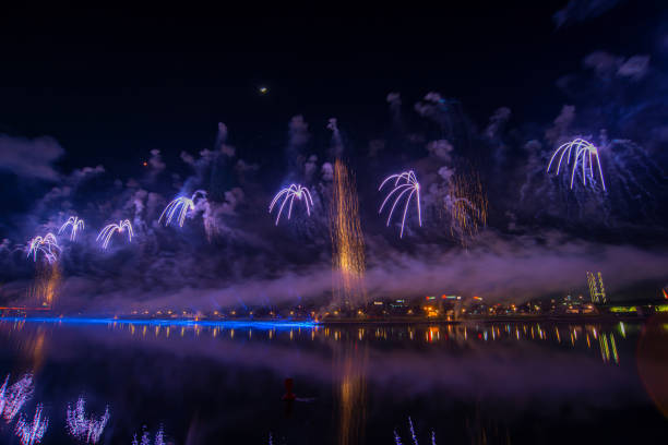 February 15, 2024, Belgrade, Serbia, Independence Day greeting celebration background with fireworks and drones and lighting effects