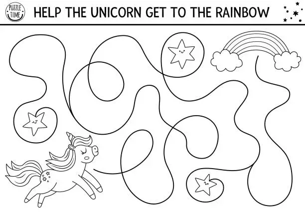 Vector illustration of Unicorn black and white maze for kids with fantasy horse with horn running to rainbow. Magic line preschool printable activity with stars. Simple fairytale labyrinth game, puzzle, coloring page