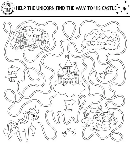Vector illustration of Unicorn black and white maze for kids with fantasy horse, castle, magic forest, mountains, lake, nature scenes. Magic world line printable activity. Fairytale labyrinth game, puzzle, coloring page