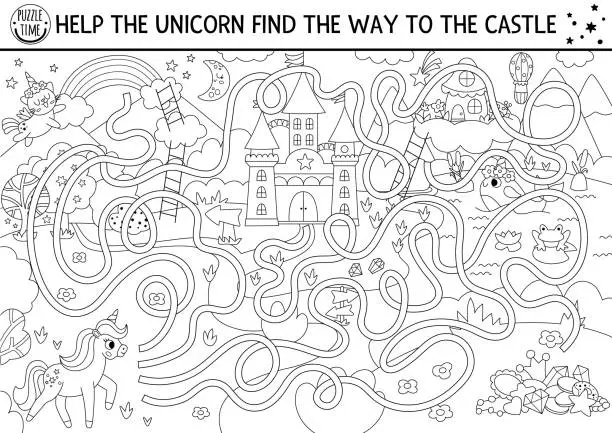 Vector illustration of Unicorn black and white maze for kids with fantasy country landscape, castle, fairy. Magic preschool printable activity with treasures, rainbow, forest. Fairytale labyrinth game, puzzle, coloring page