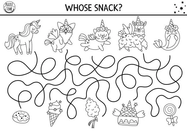 Vector illustration of Unicorn black and white maze for kids with fantasy animals with horns and dessert snacks. Magic world printable activity, coloring page with cat, dog, llama, sweets. Fairytale labyrinth game, puzzle