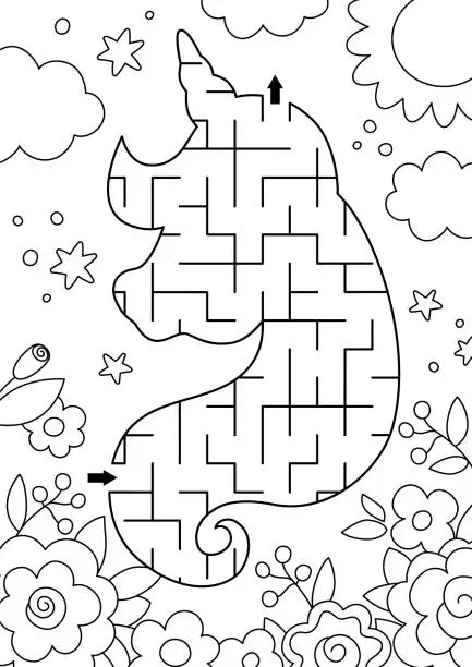 Vector illustration of Unicorn black and white geometrical maze for kids. Fairytale line preschool printable activity shaped as horse head with garden flowers, sun, sky. Magic or fantasy labyrinth game puzzle, coloring page