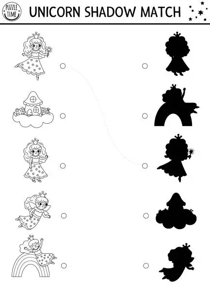 Vector illustration of Black and white shadow matching activity with little fairies. Magic world puzzle. Find correct silhouette printable worksheet, game. Fairytale coloring page for kids with little unicorn princess