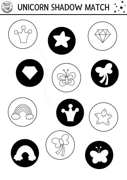 Vector illustration of Black and white unicorn shadow matching activity with rainbow, star, butterfly, crystal. Magic line puzzle. Find correct silhouette printable worksheet, game. Fairytale coloring page for kids