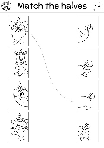 Black and white unicorn connect the halves worksheet.  Fairytale line matching game with animals with horns and tails. Match heads and tails activity or coloring page with cat, corgi dog, llama