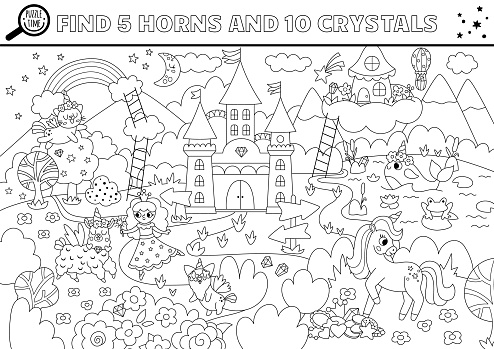 Vector black and white unicorn searching game with magic village landscape. Spot hidden crystals and horns. Fantasy or fairytale world seek and find printable activity or coloring page for kids