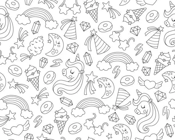 Vector illustration of Vector black and white seamless pattern for unicorn birthday party. Repeat background with falling star, crystal, doughnut, rainbow, sweets. Fantasy or fairytale digital paper, coloring page