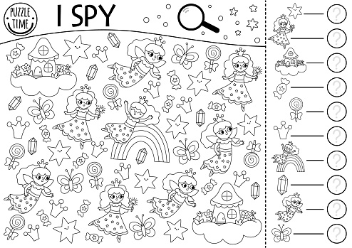 Unicorn black and white I spy game for kids. Searching and counting activity with little fairy princess, rainbow, stars. Magic printable worksheet, coloring page. Fairytale spotting puzzle