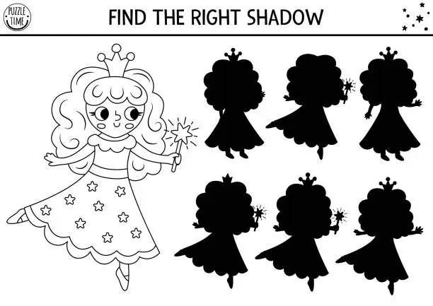 Vector illustration of Shadow matching black and white activity with little fairy. Magic world puzzle. Find correct silhouette printable worksheet, game. Fairytale coloring page for kids with little unicorn princess