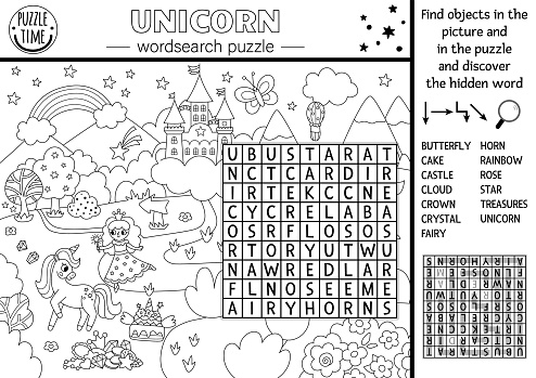 Vector black and white unicorn wordsearch puzzle for kids. Simple word search quiz with fantasy country landscape. Educational activity with castle, rainbow, fairy. Cross word coloring page