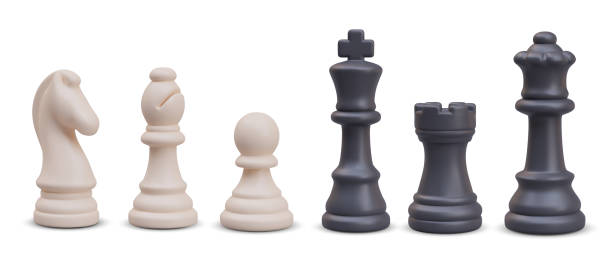 istock White and black chess pieces lined up in row. Realistic knight, bishop, pawn, king, rook, queen 2060395862