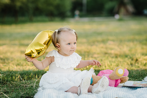 Portrait of beautiful daughter kid play balloons 1 year in summer nature. Closeup. Child playing toys in field at sunset. Cute baby girl sitting on a blanket in the park. Concept of family picnic.