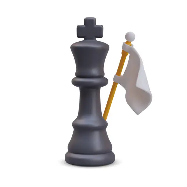 Vector illustration of Chess king with white flag. Concept of defeat, voluntary surrender