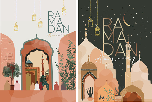 Ramada kareem. Eid Mubarak. Vector illustration of Muslim objects and icons, lantern, city with mosque, street with people, arch, crescent and logo for greeting card, poster or background.
