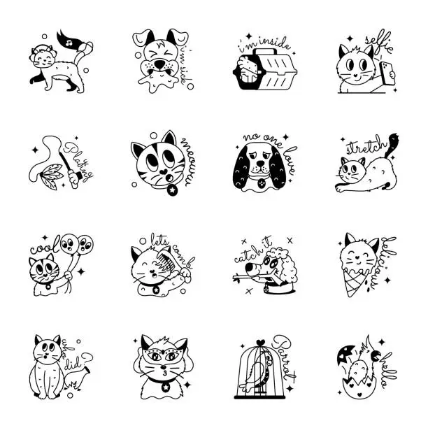 Vector illustration of Bundle of Pets Love Glyph Stickers