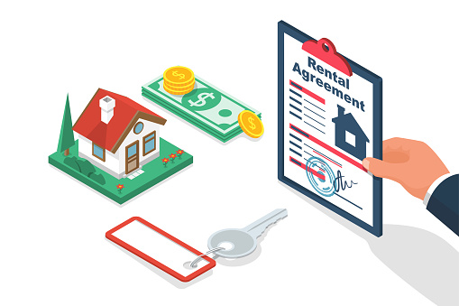 Rental agreement. Real estate contract. Signature on the document. Rental and selling real estate. Vector illustration isometric design. Isolated on background. Private house, stack of money and keys.