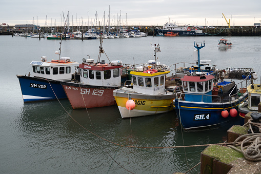 Commercial boats moored in Scarborough Harbour, Yorkshire, England