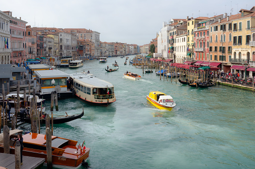 Looking out across the magnificent Grand Canal in Venice from the iconic Rialto Bridge.