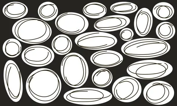 Vector illustration of Vector elements of the outline of the Doodle design. A hand-drawn set of icons, frames, borders in cartoon style like stickers on a dark background. Elements for infographics. Outline of elements.